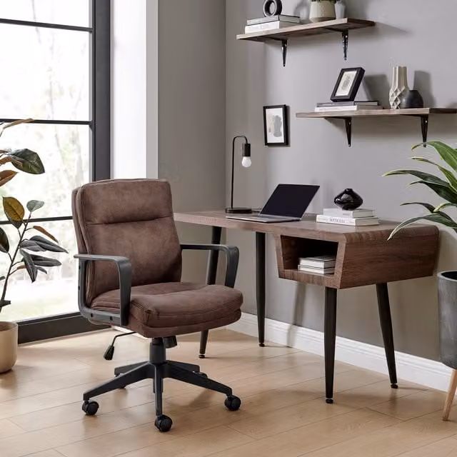 Rosco Brown Synthetic Leather Swivel Task Chair with Black Metal Legs and Armrests