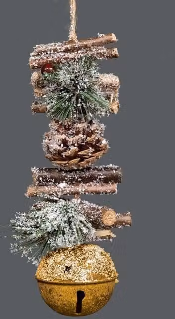 Shatchi Golden Christmas Hanging Decoration with Jingle Bells, Wooden Sticks, Berries and Pinecones, Height: 33 cm