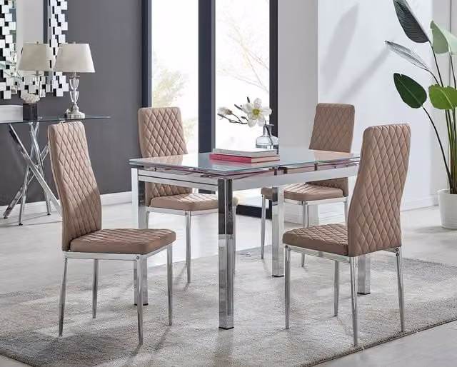 FurnitureboxUK Enna White Glossy Glass Extending Dining Table and 4 Milan Beige Faux Leather Chairs Set