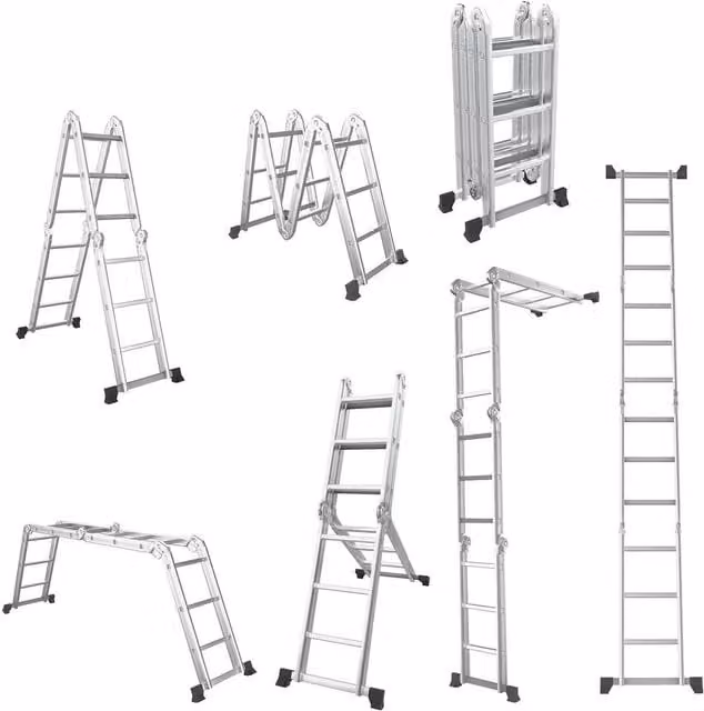 Gymax 7-in-1 Multi-Purpose Folding Aluminium Extension Ladder with Anti-Skid Pedals in Metallic Silver