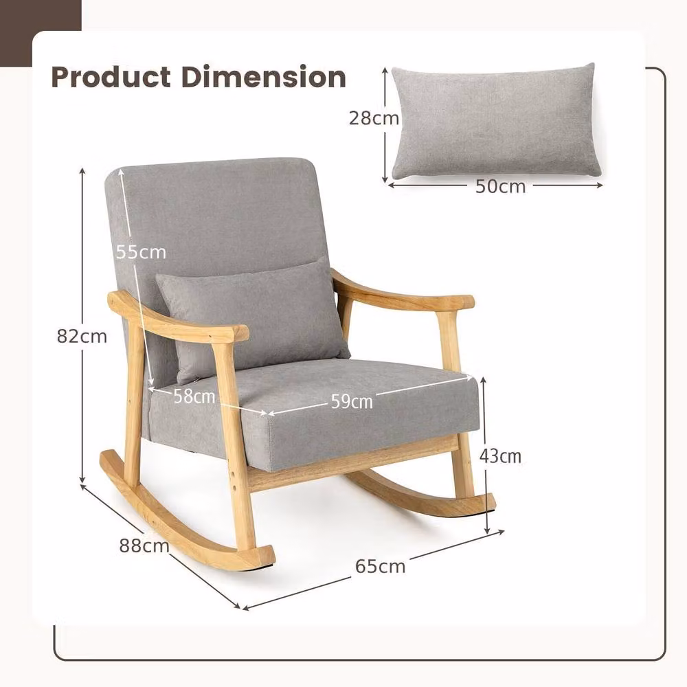 Costway Scandinavian Upholstered Wooden Rocking Accent Chair with Rubberwood Armrests in Beige or Grey – 2