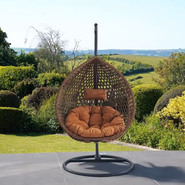 Artemis Home Sunbury Hanging Single Egg Pod Swing Chair in Brown with Metal Stand and Rattan Design