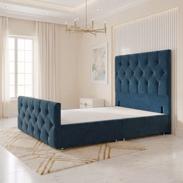 Somnior Beds Ltd Chesterfield Velvet Divan Bed Base with Drawers in Blue, W/D/H: 120 x 200 cm