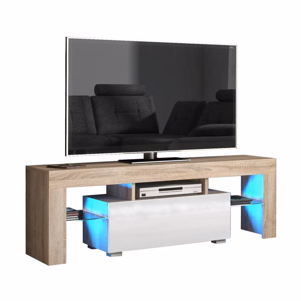 Mex Furniture LTD Floe TV Unit in Oak and White Gloss with LED Lights, W: 130 cm, D: 35 cm, H: 45 cm – 3