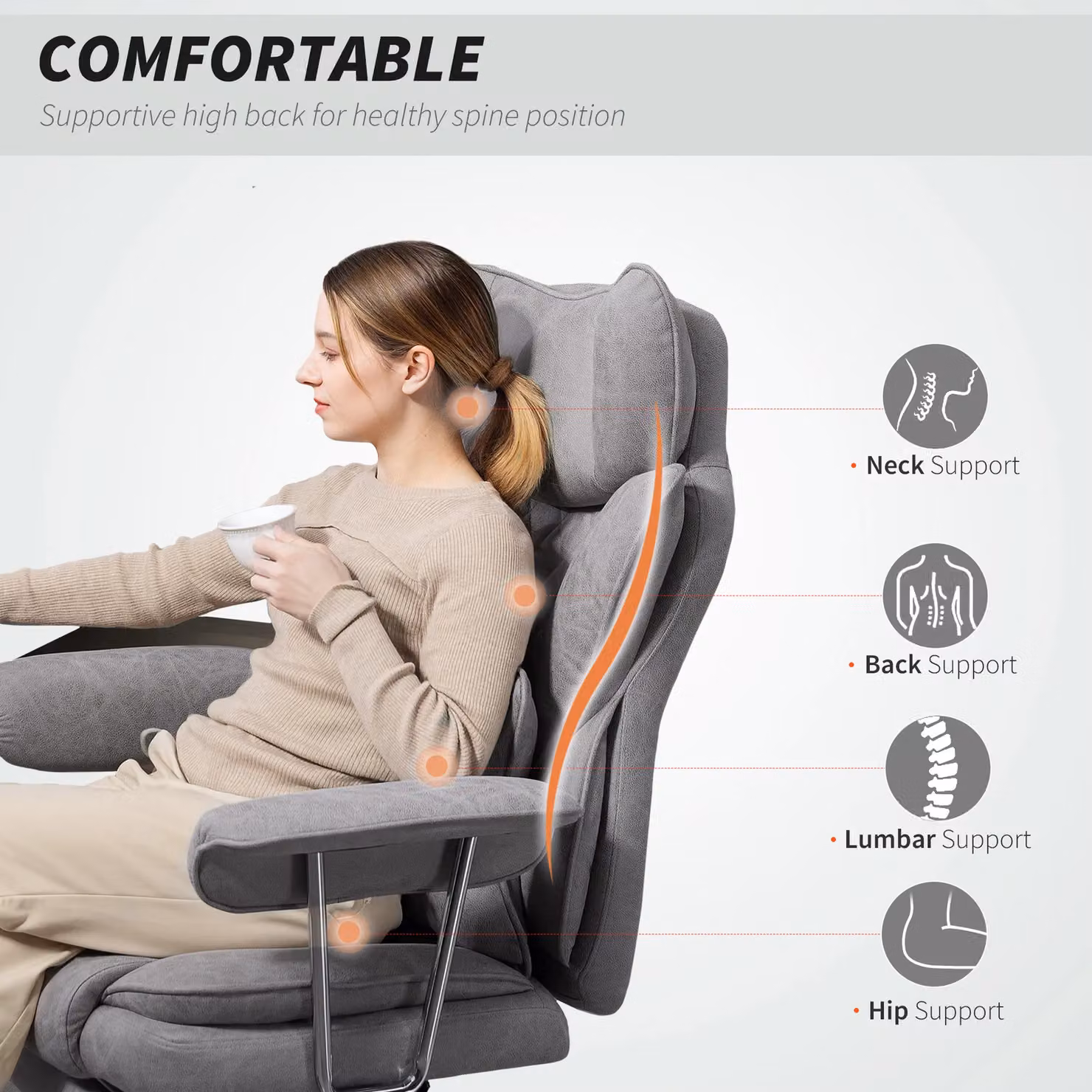 HOMCOM Grey Fabric High Back Executive Office Chair with Headrest and Armrests – 4