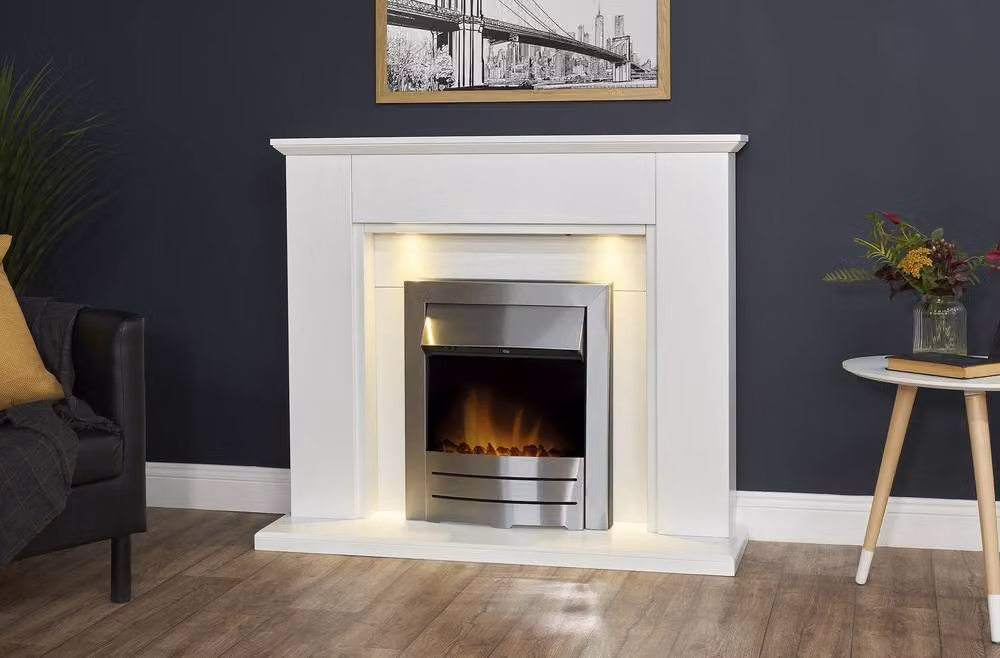 Adam Fires & Fireplaces Eltham Fireplace in Pure White with Downlights and 45 Inch Colorado Electric Fire in Brushed Steel and Grey – 2