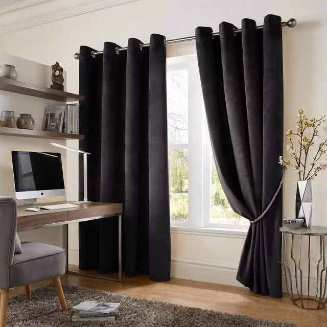 Luxor Living Velvet Thermal Blackout Eyelet Curtains, Black, Width: 168 cm, Drop: 183 cm