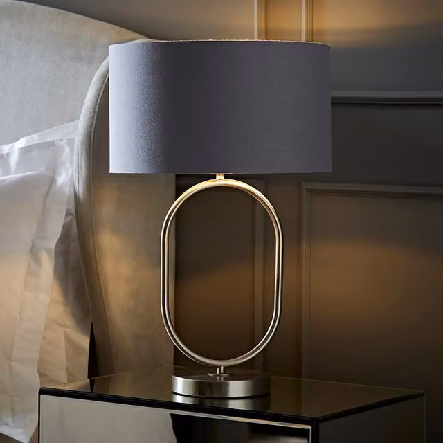 Antonia Brushed Chrome Oval Table Lamp with Grey Fabric and Metallic Shade