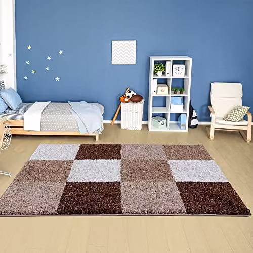 THE RUGS Modern Checked Shaggy Area Rug, Brown, W/D/H: 180 x 270 x 1 cm – 2