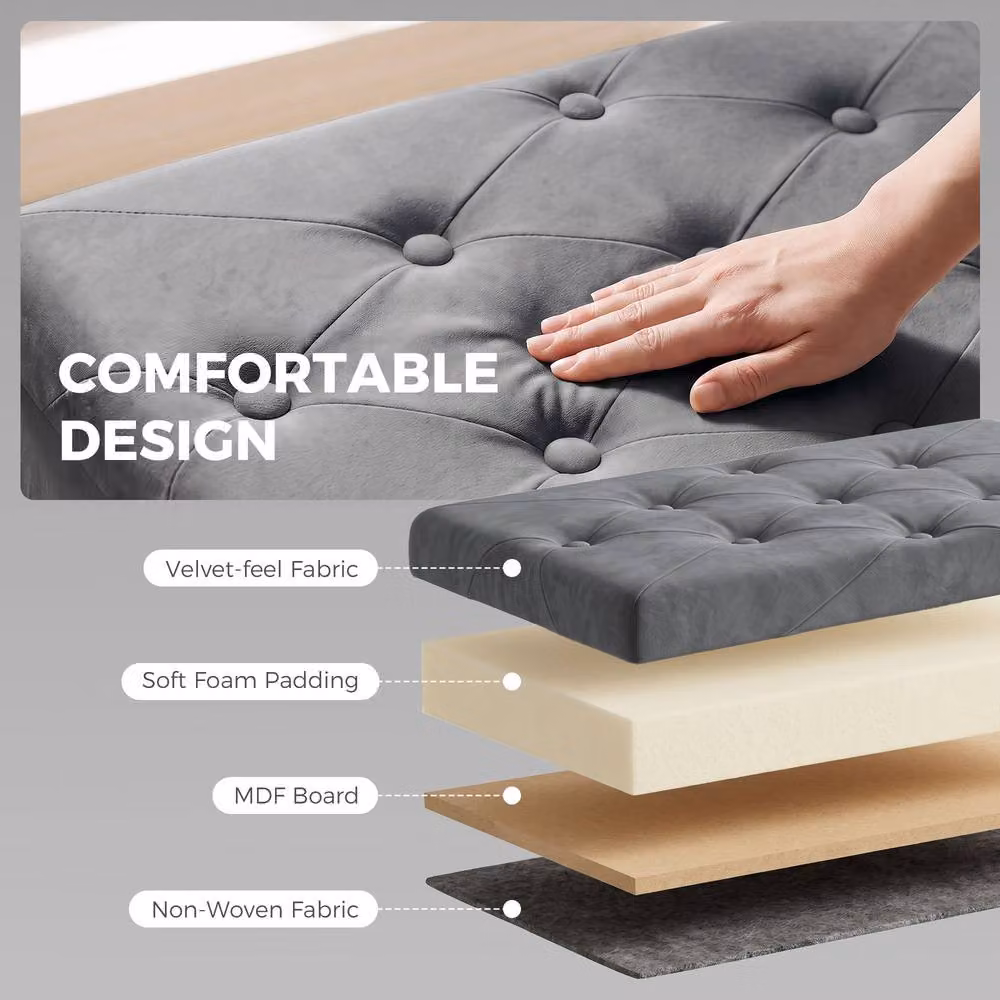 HOMCOM Grey Velvet Upholstered Foldable Storage Ottoman with Rubberwood Legs, W: 120 cm, D: 34 cm, H: 38 cm – 5