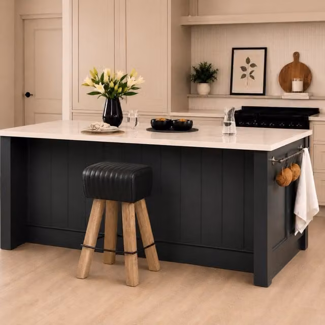 Elm Home And Garden Industrial Mango Wood Bar Stool with Black Leather Seat - Black