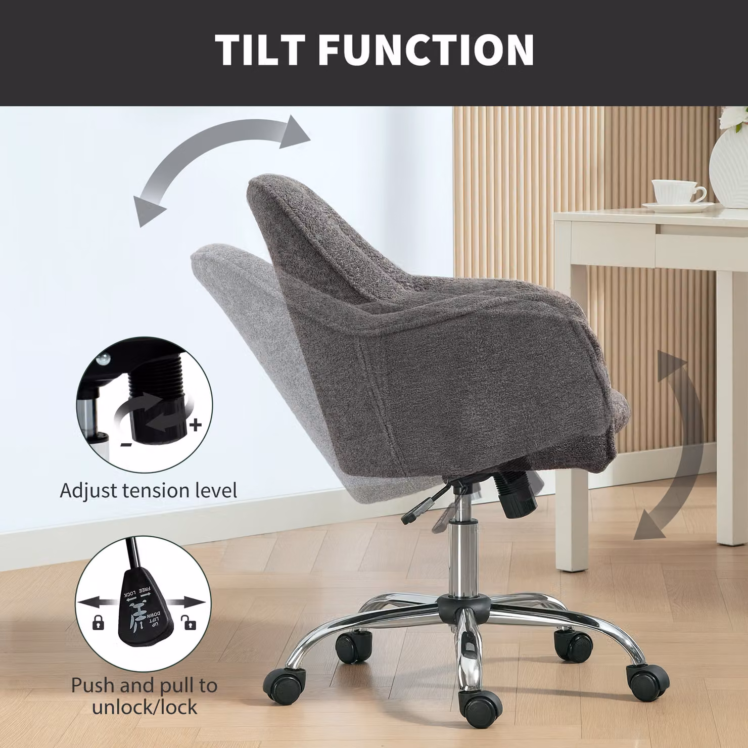 HOMCOM Grey Velvet Modern Swivel Vanity Chair with Adjustable Height and Wheels – 5