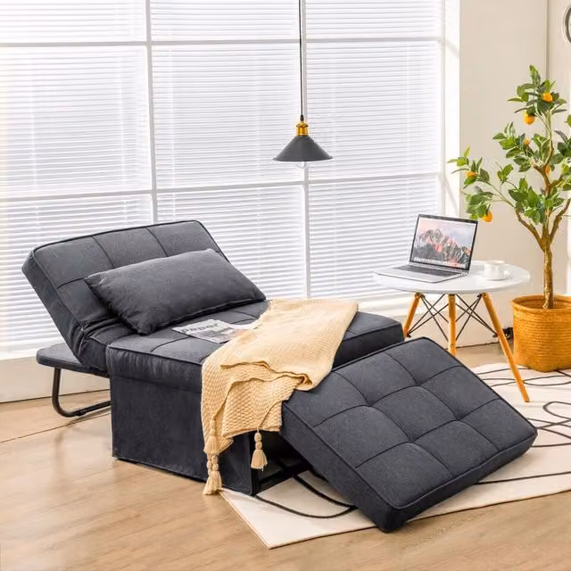 Costway Grey Fabric Single Sofa Chair Sleeper with Ottoman and Armrests