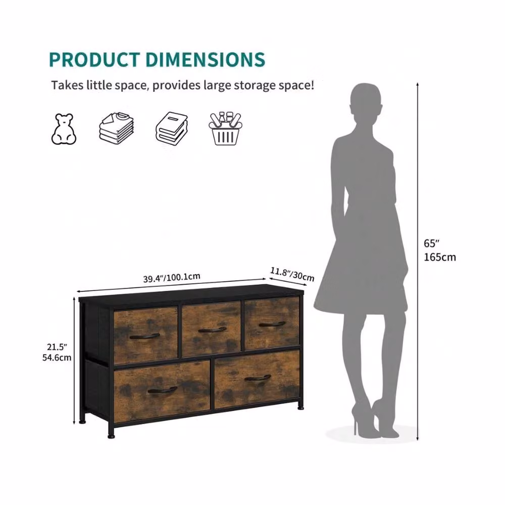 VOGREX Brown Steel Frame 5 Fabric Drawer Storage Chest with Wood Top – 4