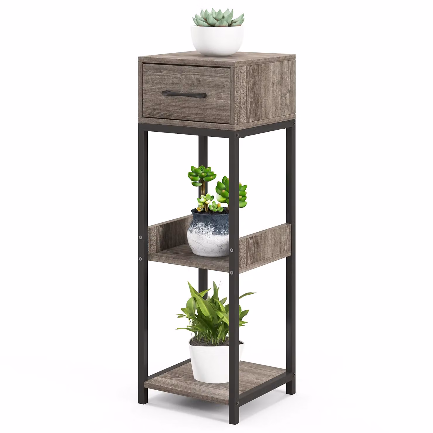 Costway 3-Tier Metal Indoor Plant Stand with Drawer and Vertical Corner Display Shelf in Grey – 2