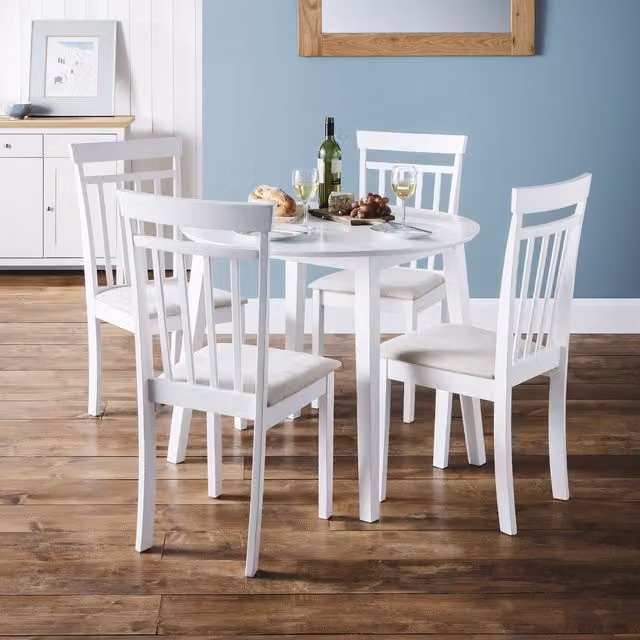 Julian Bowen White Lacquered Round Drop Leaf Table and 4 Chairs Set