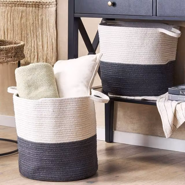 Wyld and Coco Set of 2 Black and White Woven Cotton Round Storage Baskets – 1