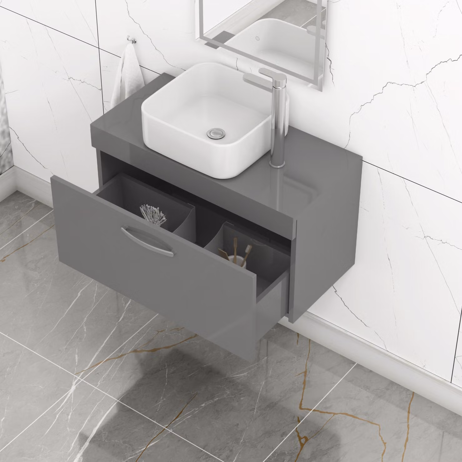 Royal Bathrooms Turin Wall Hung 1-Drawer Unit and Soft Square Countertop Basin in Indigo Grey Gloss, Width: 80 cm and 36.5 cm