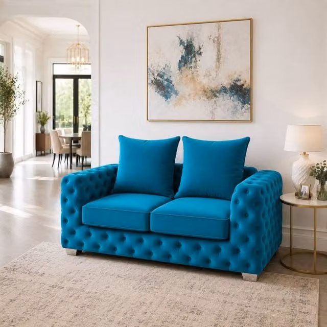 Stratus Interiors Ashley Chesterfield 2 Seater Scatter Back Upholstered Velvet Sofa in Petrol Teal, W: 177.8 cm, H: 76.0 cm, D: 67.0 cm – 1