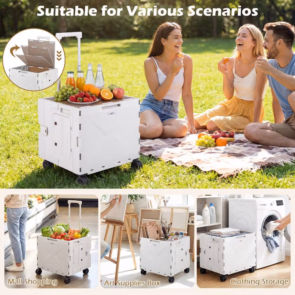 Costway Foldable Utility Cart and Collapsible Tool Box Shopping Trolley with Lid, White – 3