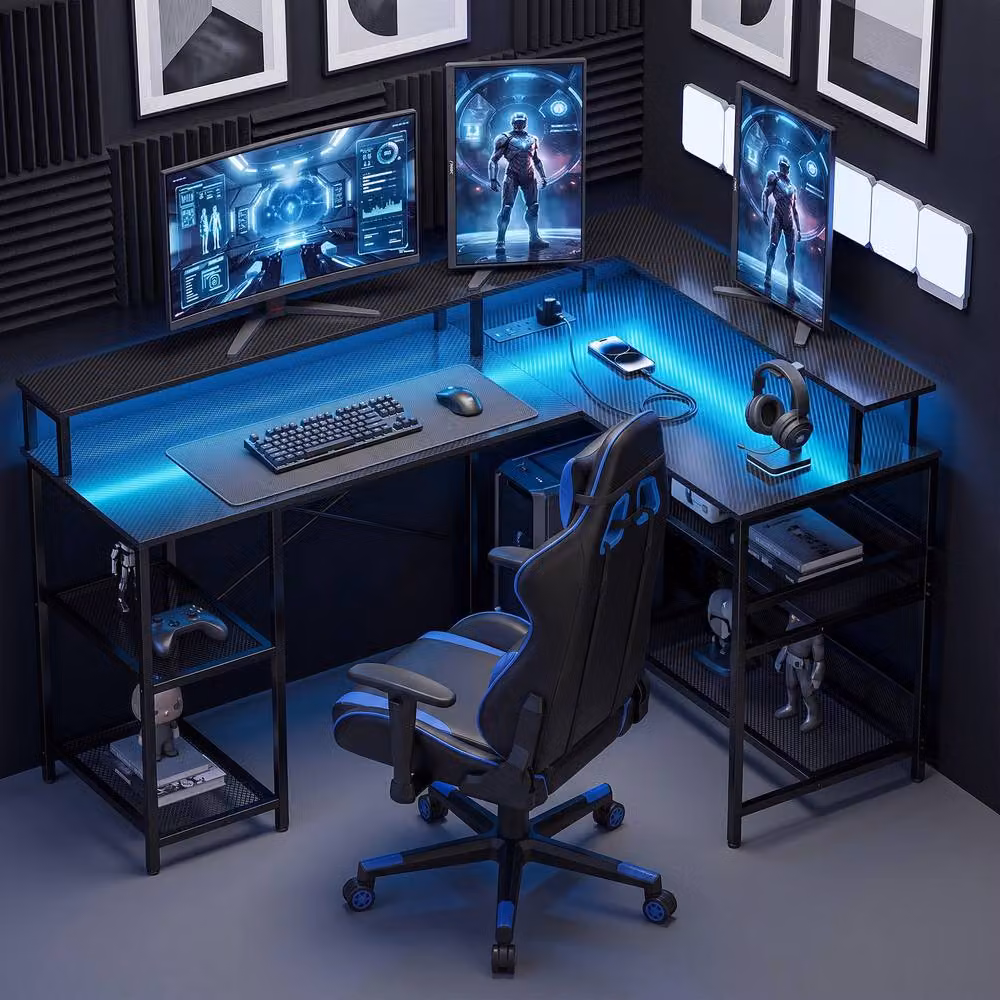 Rolipo L-Shaped Gaming Desk with LED Lights and Power Outlets, Black – 3