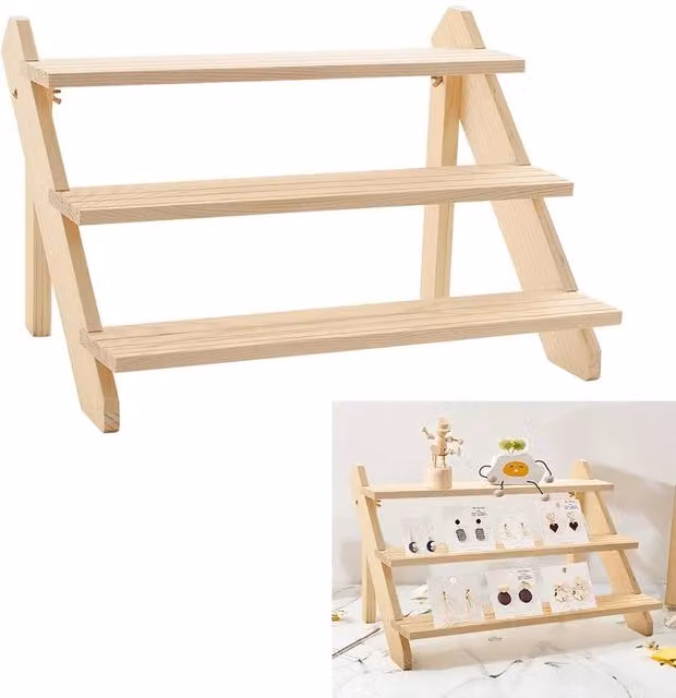 NESTLUNE 3 Tier Wooden Desktop Storage Rack Step Shelf Stand in Beige, W: 100 cm, D: 15 cm