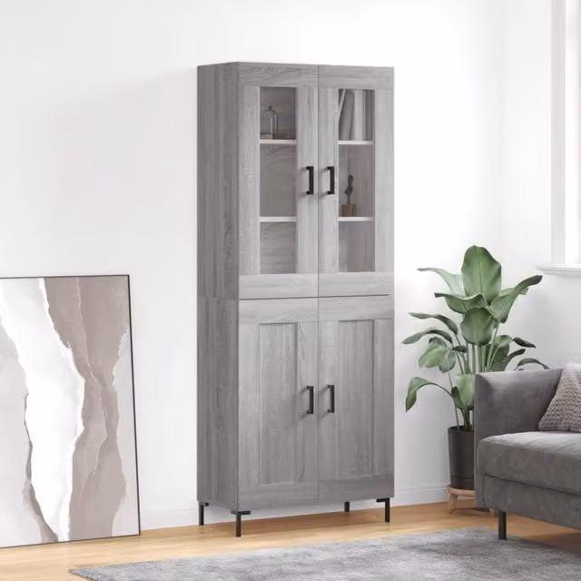 Berkfield Home Modern Grey Highboard with Glass Doors and Internal Shelves, W: 69.5 cm, D: 34 cm, H: 180 cm