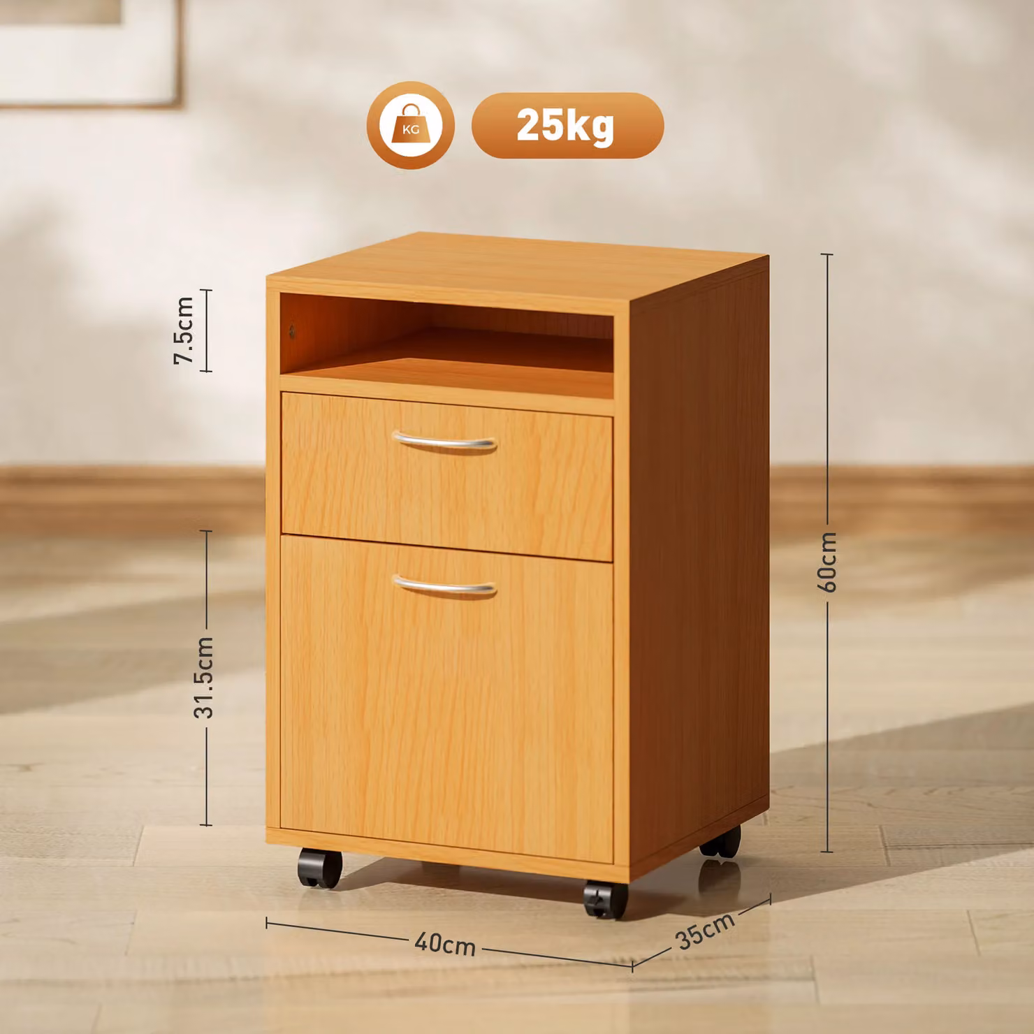 HOMCOM Modern Filing Cabinet with Drawers and Open Shelf in Sand Brown Wood Finish, W: 60 cm, D: 60 cm, H: 60 cm – 3