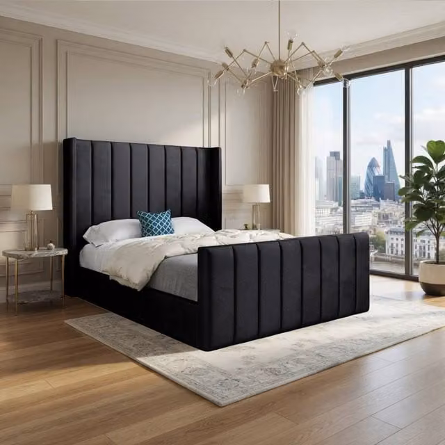 KDMD Sturminster Winged Upholstered Designer Bed Frame in Black Soft Velvet, Size: Single (90 x 190 cm)