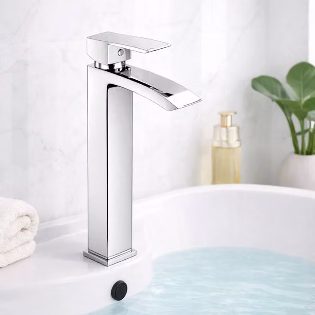 Bathroom Kingdom Descent Chrome High Rise Single Lever Basin Mixer Tap in Silver