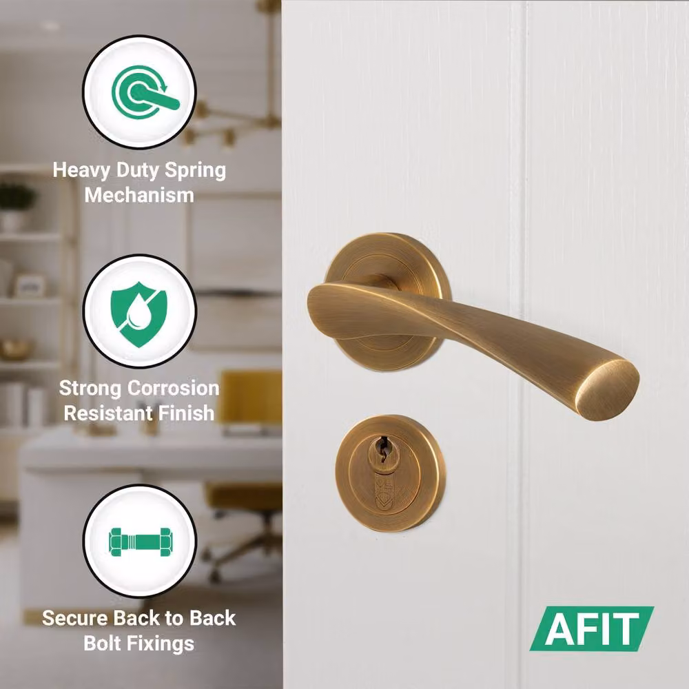 AFIT Antique Brass Door Handle with Euro Lock Thumbturn Cylinder and Hinges in Bronze, 150 x 150 mm – 3