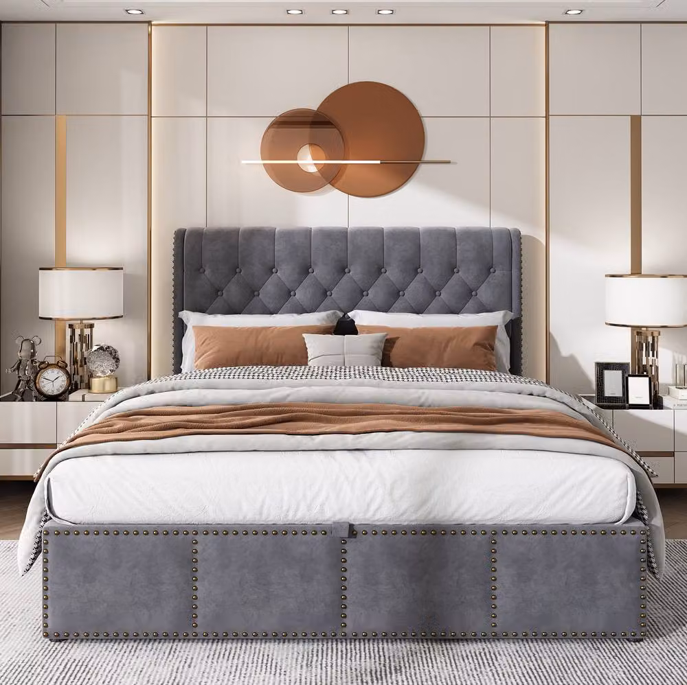 STILVORA Super King Upholstered Velvet Fabric Bed with Lift Up Storage in Grey, W/D/H: 180 x 200 x 102.5 cm – 2