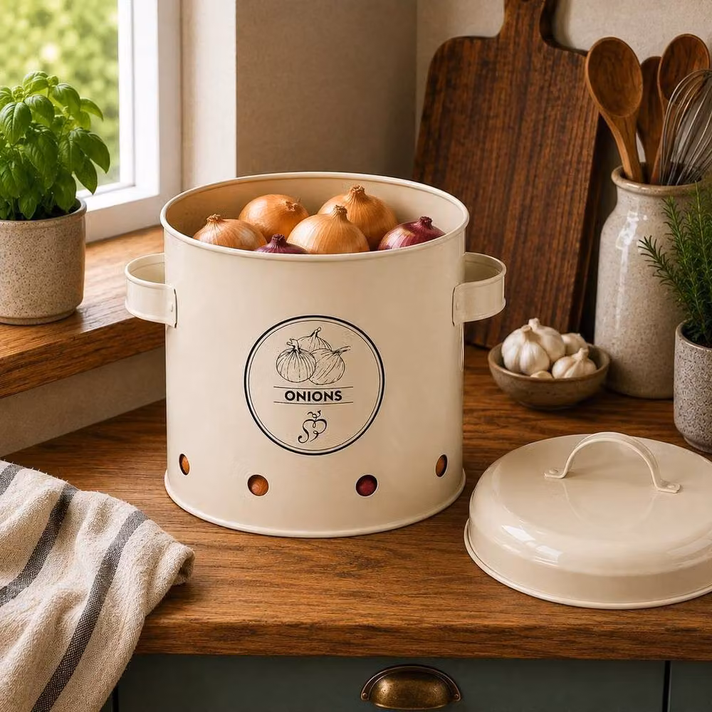 PAWNORA Metal Onion Storage Container with Lid, Beige – 2