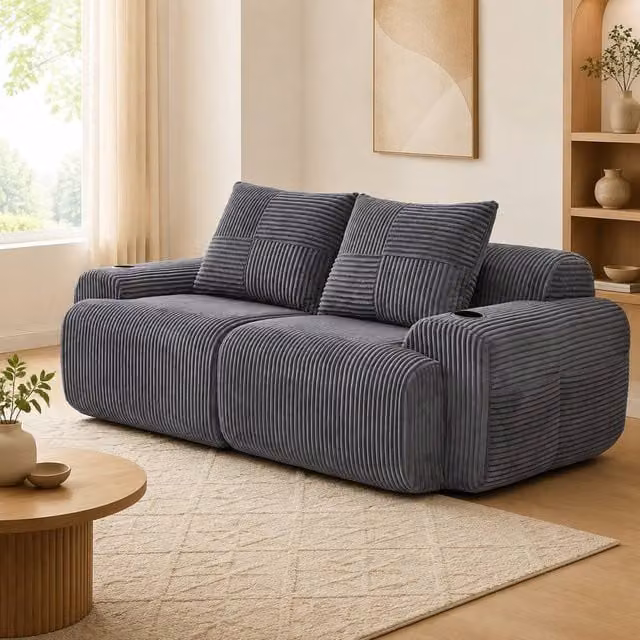 STILVORA 2-Seater Corduroy Sofa with Cup Holder and Storage Pocket in Grey – 1