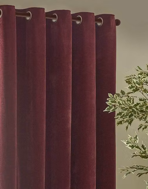 YARD Burgundy Chenille Velvet Eyelet Curtains, H 168 cm x W 137 cm