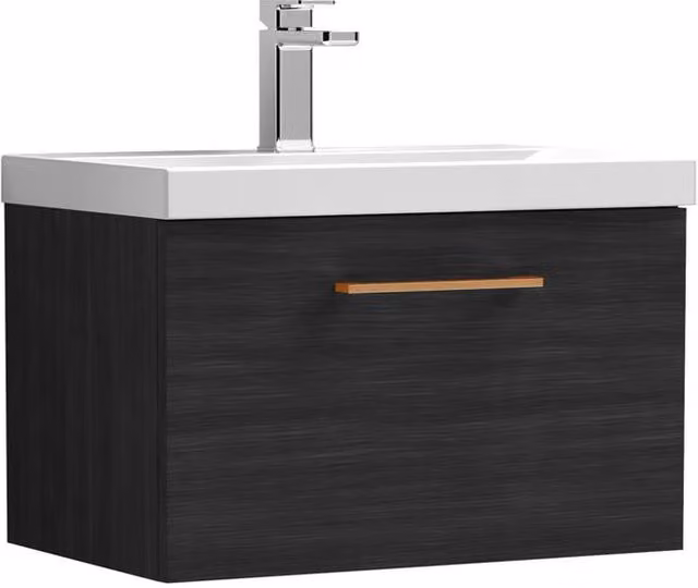 Balterley 600mm Wall Hung 1 Drawer Vanity Unit in Matt Woodgrain Black with Black Copper Handle – 1