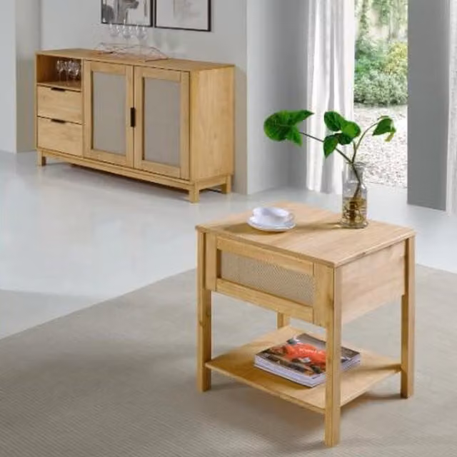Seconique Corona Rattan Side Table in Distressed Waxed Pine, Brown and Black