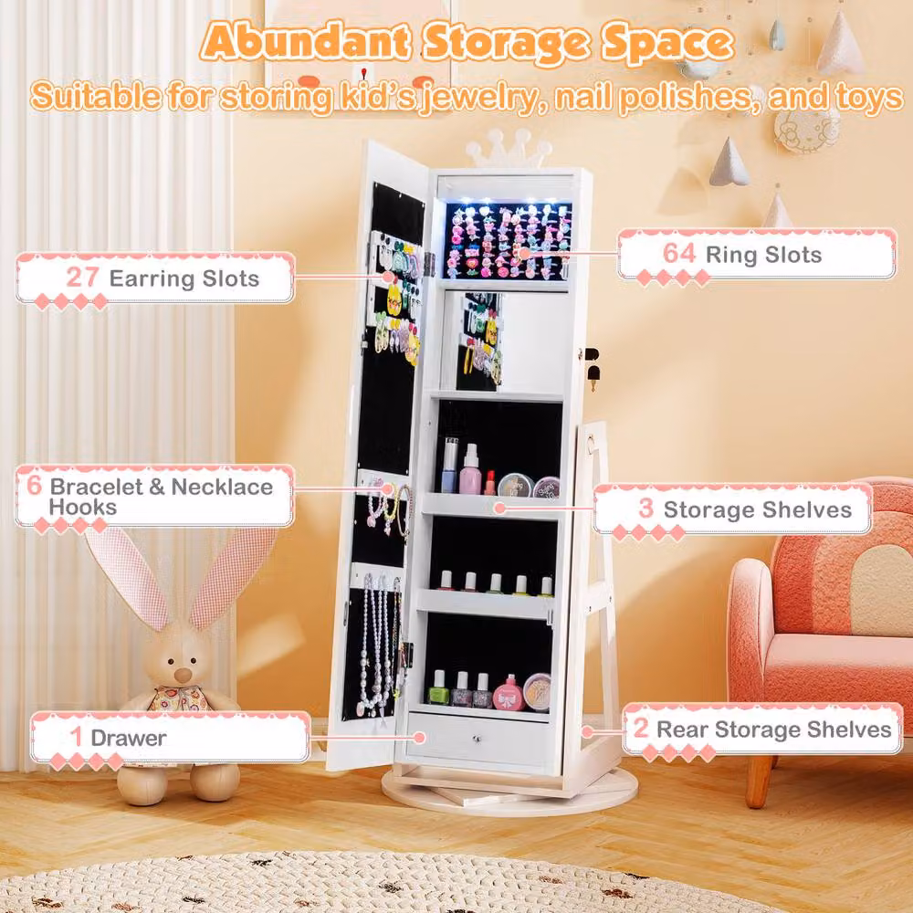 Gymax 360 Swivel Jewelry Cabinet Armoire with LED Lighted Full Length Mirror in White – 3