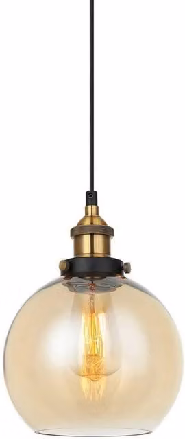 Netlighting Industrial Dimmable Hanging Pendant Light with Amber Glass Sphere and Black and Gold Metal Finish, E27