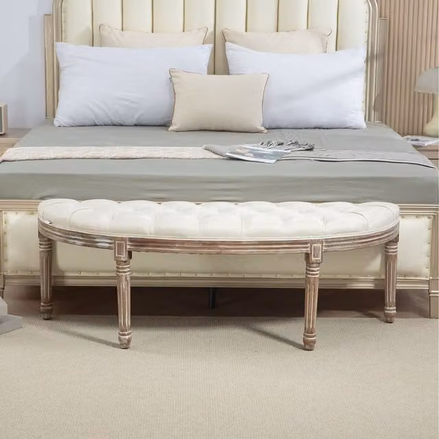 HOMCOM Half Circle End Bench Ottoman Footstool in White and Dark Wood Grain