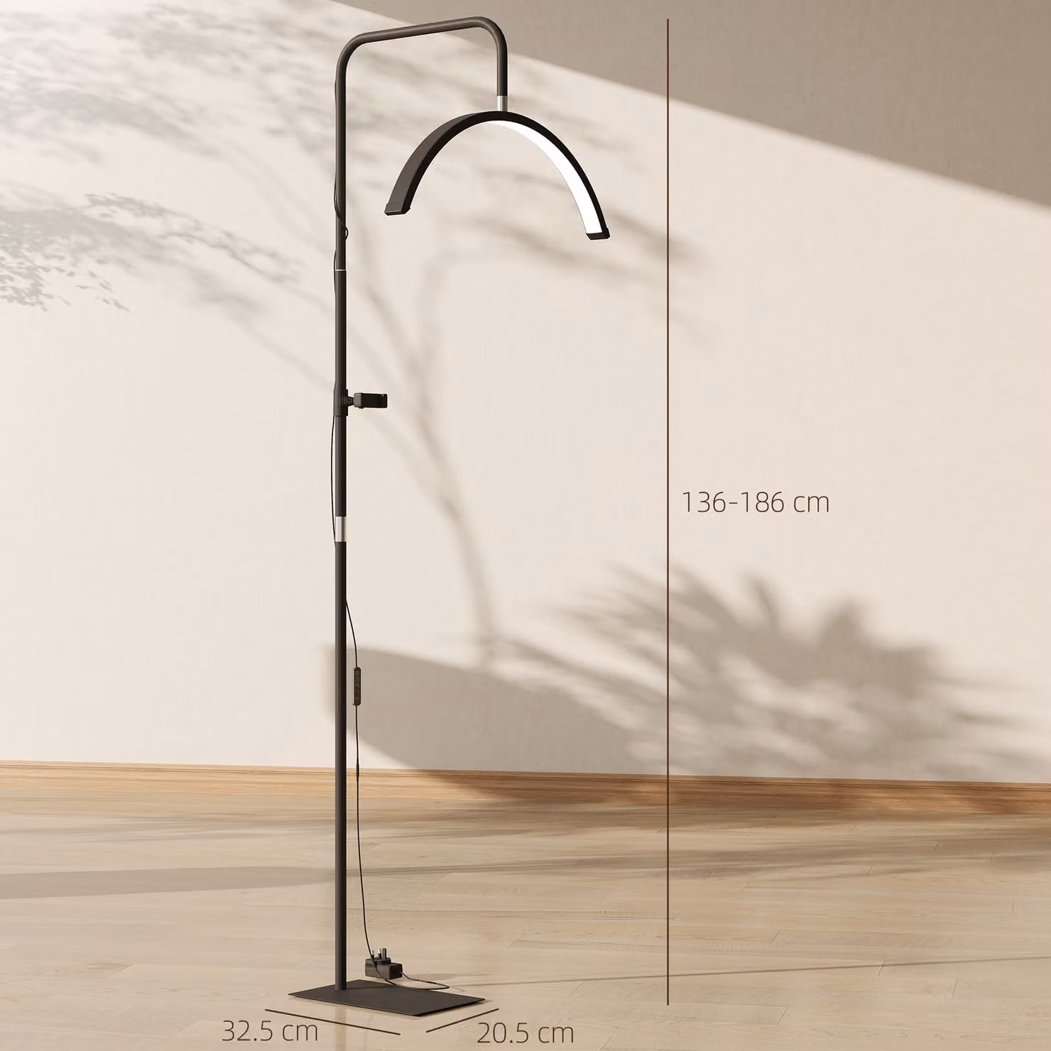 HOMCOM Half Moon Lash Light Black Dimmable Beauty Floor Lamp with 350 Degree Rotatable Head, 7 Colour Temperatures and Phone Holder for Eyelash Extensions, Tattoos, Nails and Skincare – 3