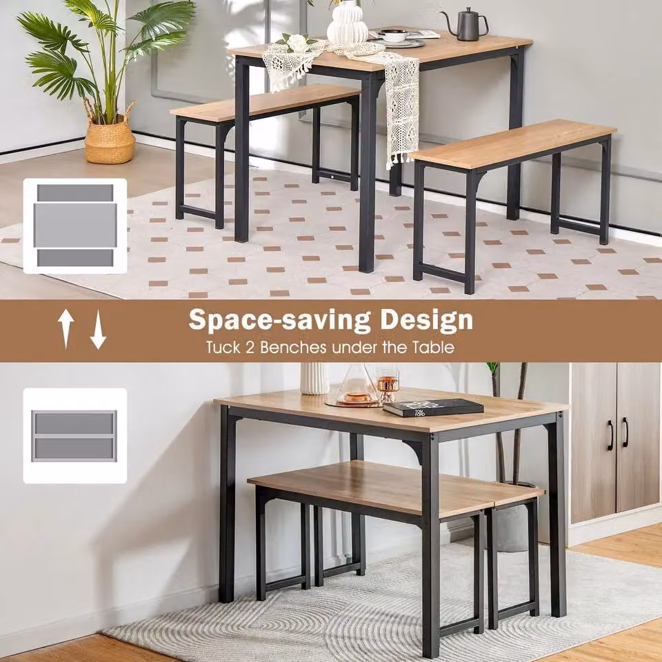 Costway 3 Piece Industrial Dining Table Set with 2 Benches in Natural Brown and Sand – 5