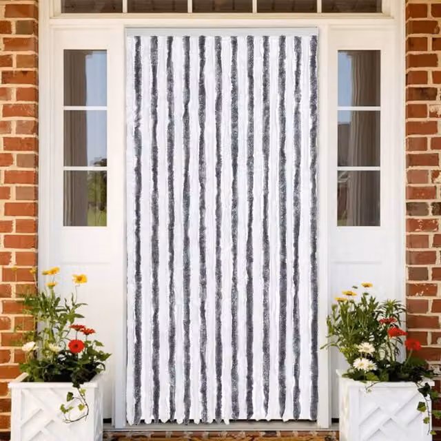 Berkfield Home Grey and White Striped Chenille Fly Curtain, Thermal Insulating and Opaque, W: 100 cm, H: 200 cm