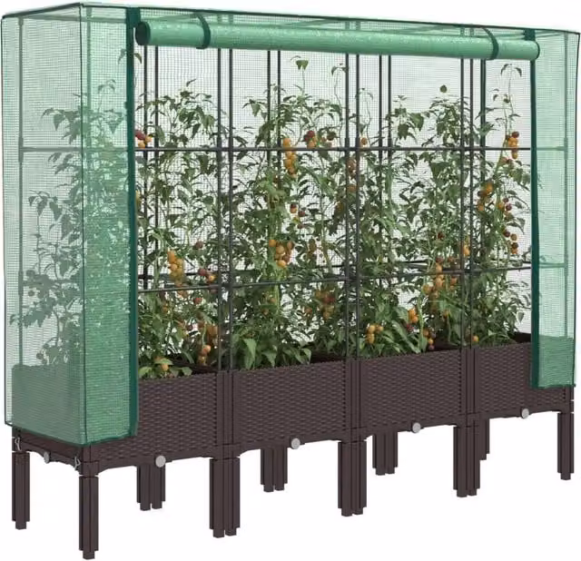 Berkfield Home Raised Bed with Greenhouse Cover in Brown Rattan Look, W/D/H: 160 x 40 x 140 cm