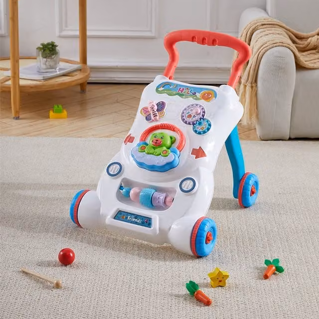 Livingandhome 2 in 1 Sit to Stand Push Along Baby Walker with Music and Light, White and Red, Height: 40 cm