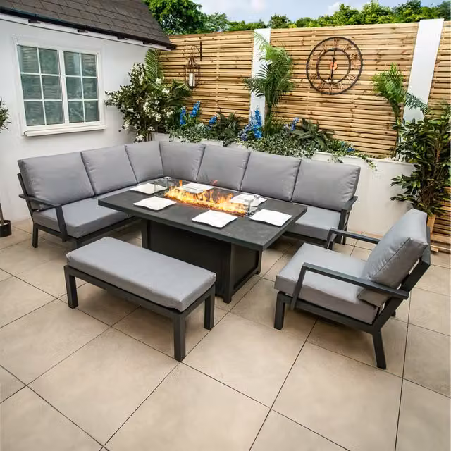 Bracken Outdoors Miami Deluxe Aluminium Rectangular Corner Firepit Table Set with Bench and Armchair in Anthracite Grey