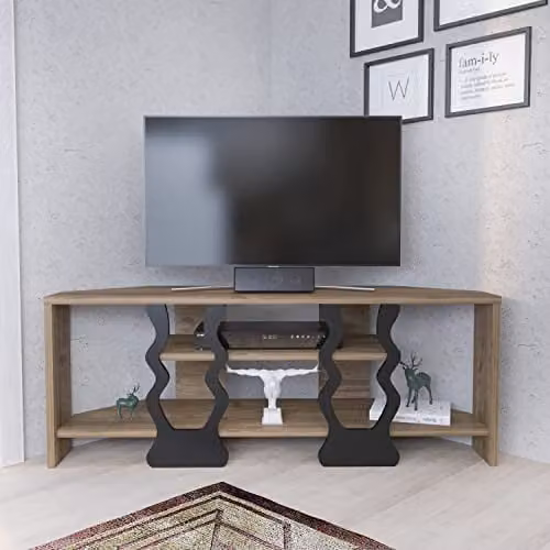 Decorotika Firal Corner TV Stand with Open Shelves in Walnut and Black, W/D/H: 110 x 42 x 42 cm – 1