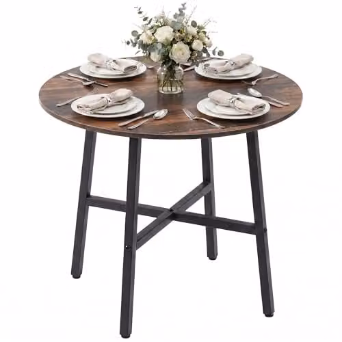 HOMCOM Industrial Style Round Dining Table for 4 People, Rustic Brown and Black, Diameter: 80 cm – 1