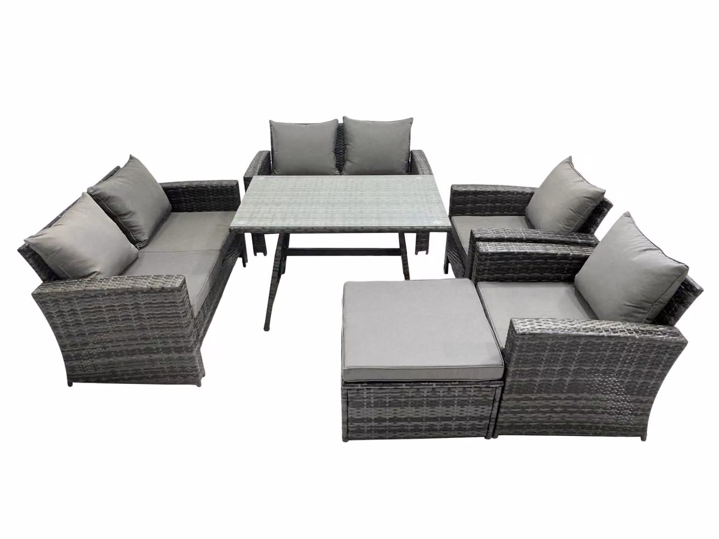 Fimous 7 Seater Dark Grey Rattan Outdoor Dining Set with High Back Sofa and Armchairs – 2