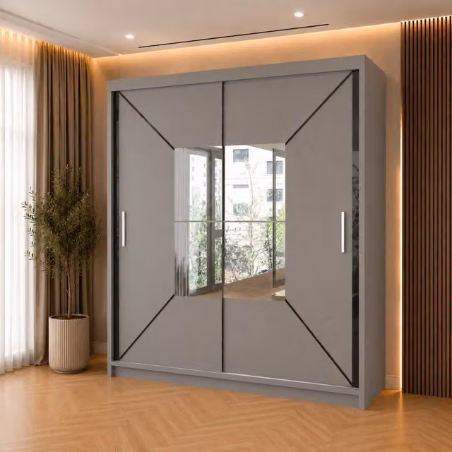 Sliding Wardrobes 4U Double Center Mirror Sliding Door Wardrobe in Grey, W/H: 203 x 217 cm – 1